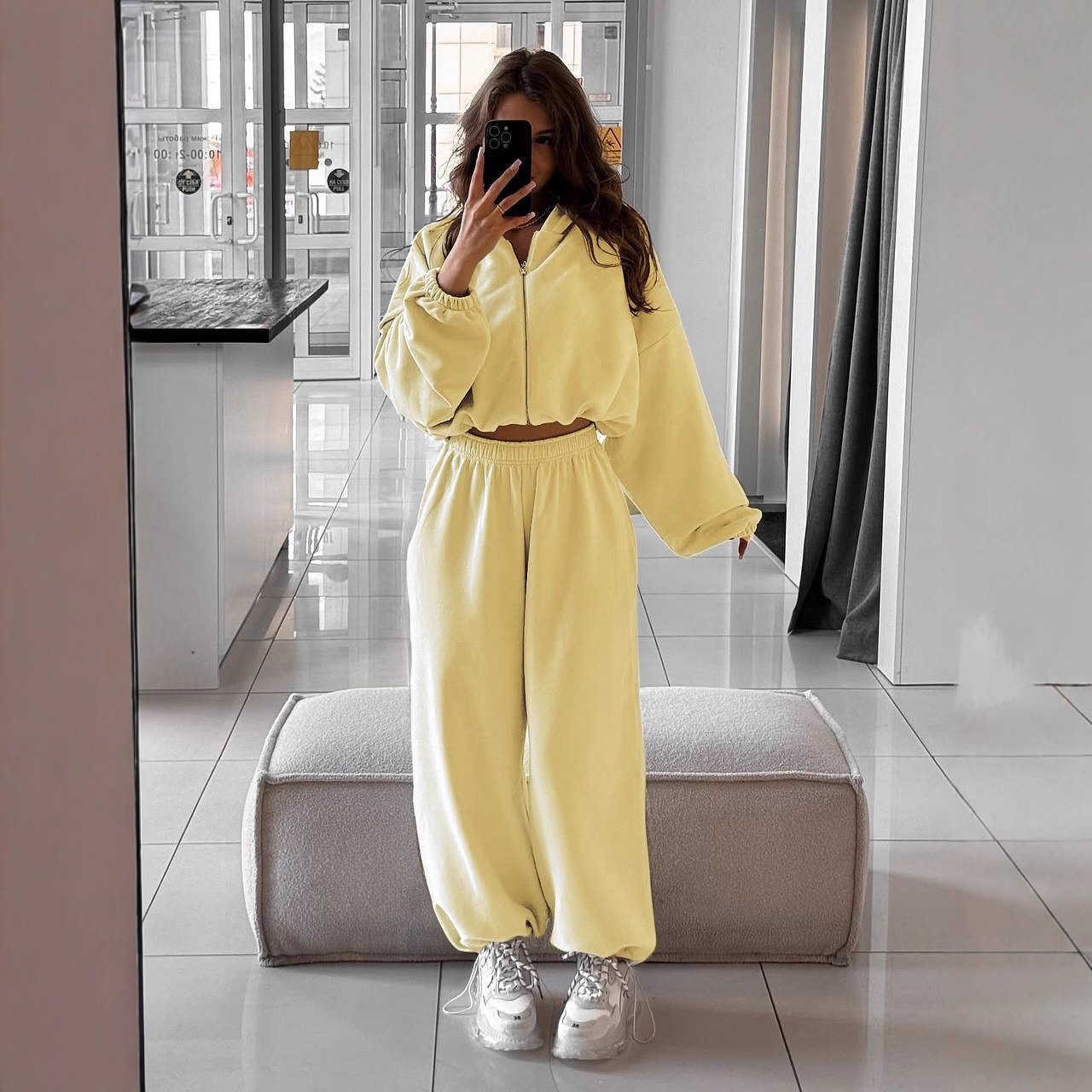 Autumn 2026 Two Piece Set Hooded Neck Short Top And Long Pants Set Solid Color Comfortable Female Casual Versatile Commute Suit S260916JGAX