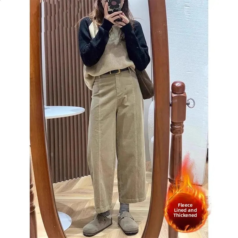 plus Size Women's Winter Fce Lined Vintage Harlan Pants Corduroy Tapered Casual Nine Point High Waist Cotton Straight Leg 260916
