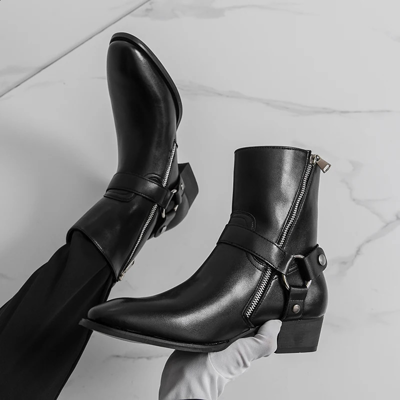 Autumn Fashion Men Breathable Outdoor Cowboy Boots Classic Black Men Comfortable Side Zipper Pointed High Top Leather Shoe 260916