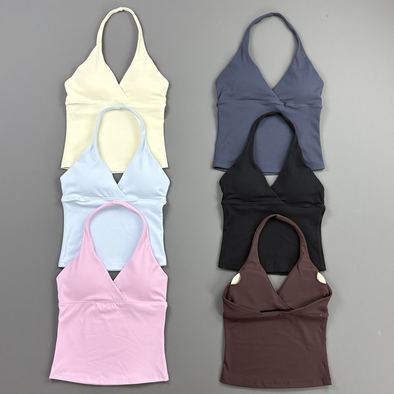 Sports Halter Women V Neck Gym Quick Dry Slim Fit Yoga Tank Top Removable Pad Running Pilates Workout Vest 26Y0916