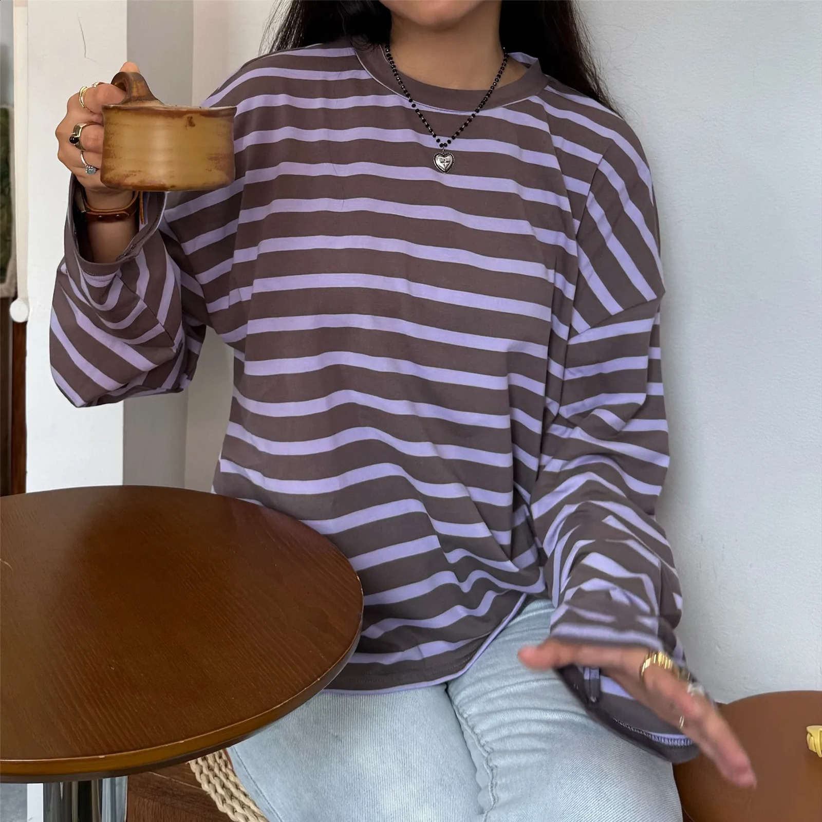 Womens Loose Tunic Tops Basic Long Sleeve Round Neck Stripes Print TShirts Spring Autumn Blouses Y2K Vintage Streetwear 260916