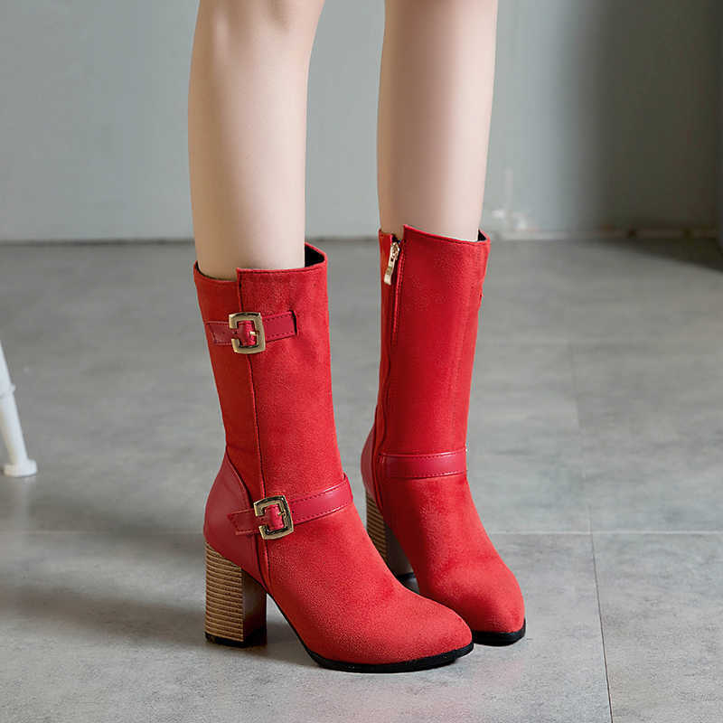 Velvet Frosted Plus Material Size Double Row Metal Belt Ultra-High Wood Grain Thick Heel Zip Plush Lining Mid-Calf Boots D260916