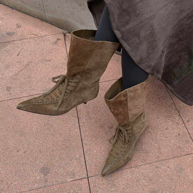 Women's Lace Up Ankle Maillard Boots High Quality Pointed Toe Kitten Heel Ruched Mid Calf Boots Plus Size Ladies Leather Boots D260916