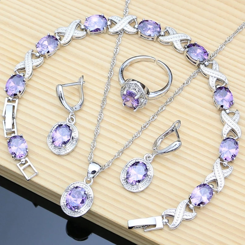 Women Silver 925 Jewelry Sets Purple Amethyst Gemstone Birthstone Earrings Bracelet Resizable Ring Necklace Wholesale 12 Colors 260916