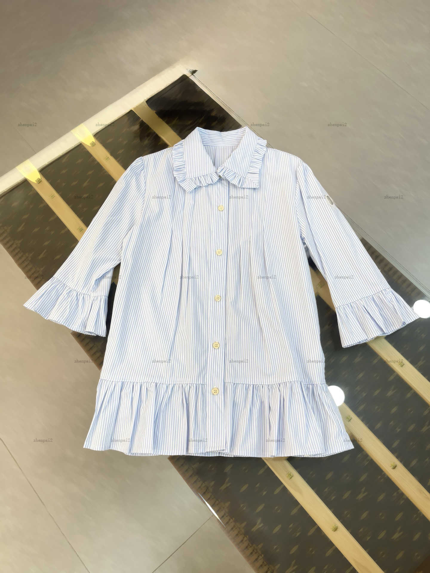 Luxury girls dress Blue stripes partydress Summer kids designer clothes Flared sleeve design baby Skirt A206X06N000