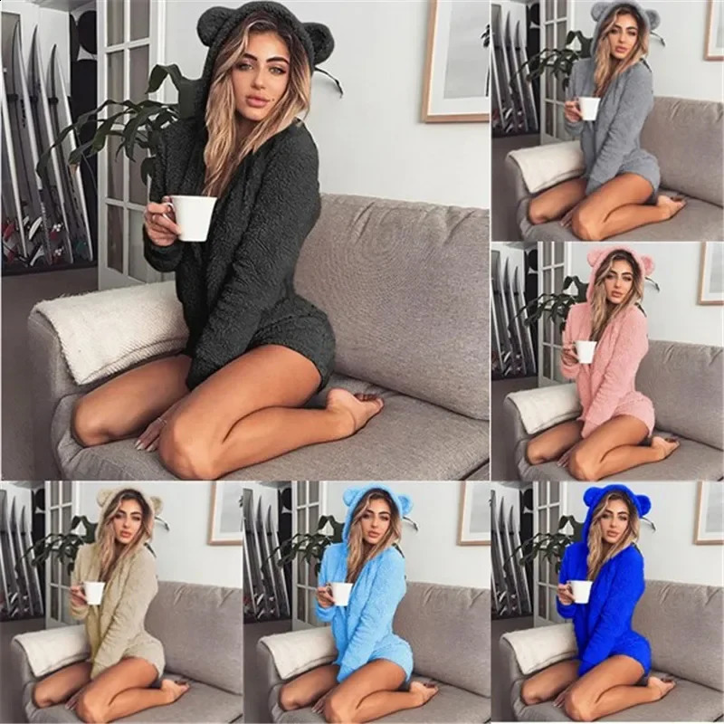 S5XL Big Size Velvet Rompers for Women Long Sleeve Cute Bear Ears Hoodie Zipper Siamese Shorts Casual Autumn Winter Onesie 260916