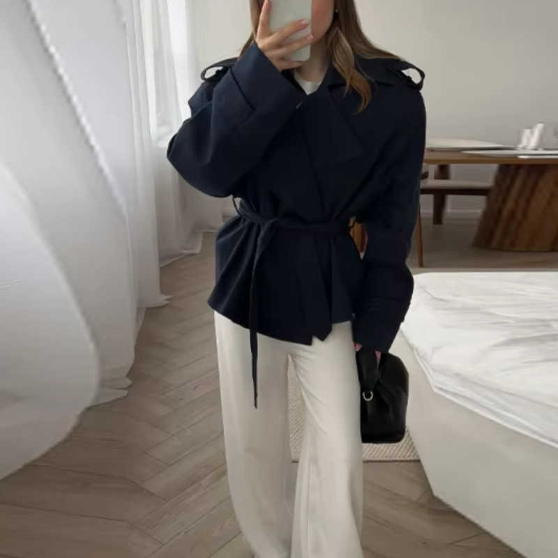 Up Vintage Lace Lapel Trench Coat Women's Solid Loose Full Sleeve Slim Fit Trend Jackets 2025 Autumn Lady Casual Street OutwearT260916