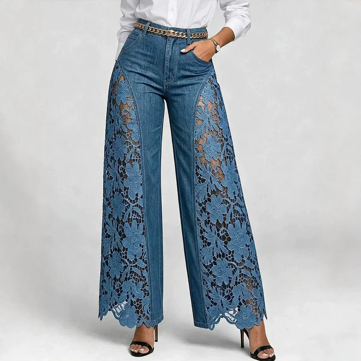 American Lace Hollow Out Elegant High Waist Wide Leg Straight Tube Harajuku Retro Flared Pants High Street Fashion Womens Jeans 260916