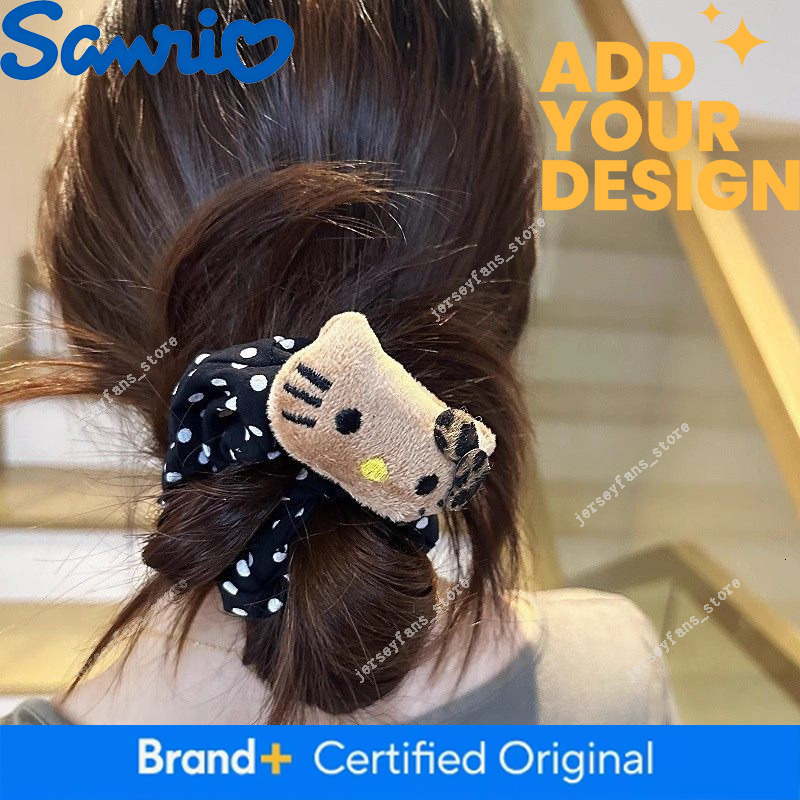 Cute Plush Kitty Cat Black White Polka Dot Scrunchie with a High-End Feel for Ponytails and Bun Hairstyles 88