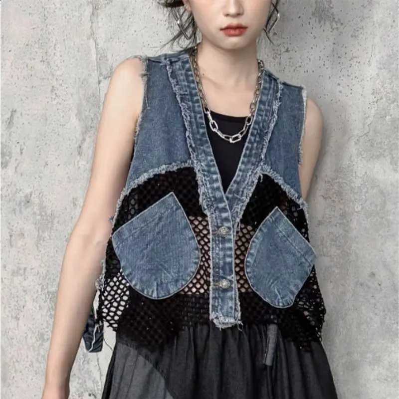 V-neck Denim Vest Patchwork Vintage Mesh Women Y2k Clothes Summer Sleeveless Slim Tank Top Harajuku Button Cropped Jacket TankW260915