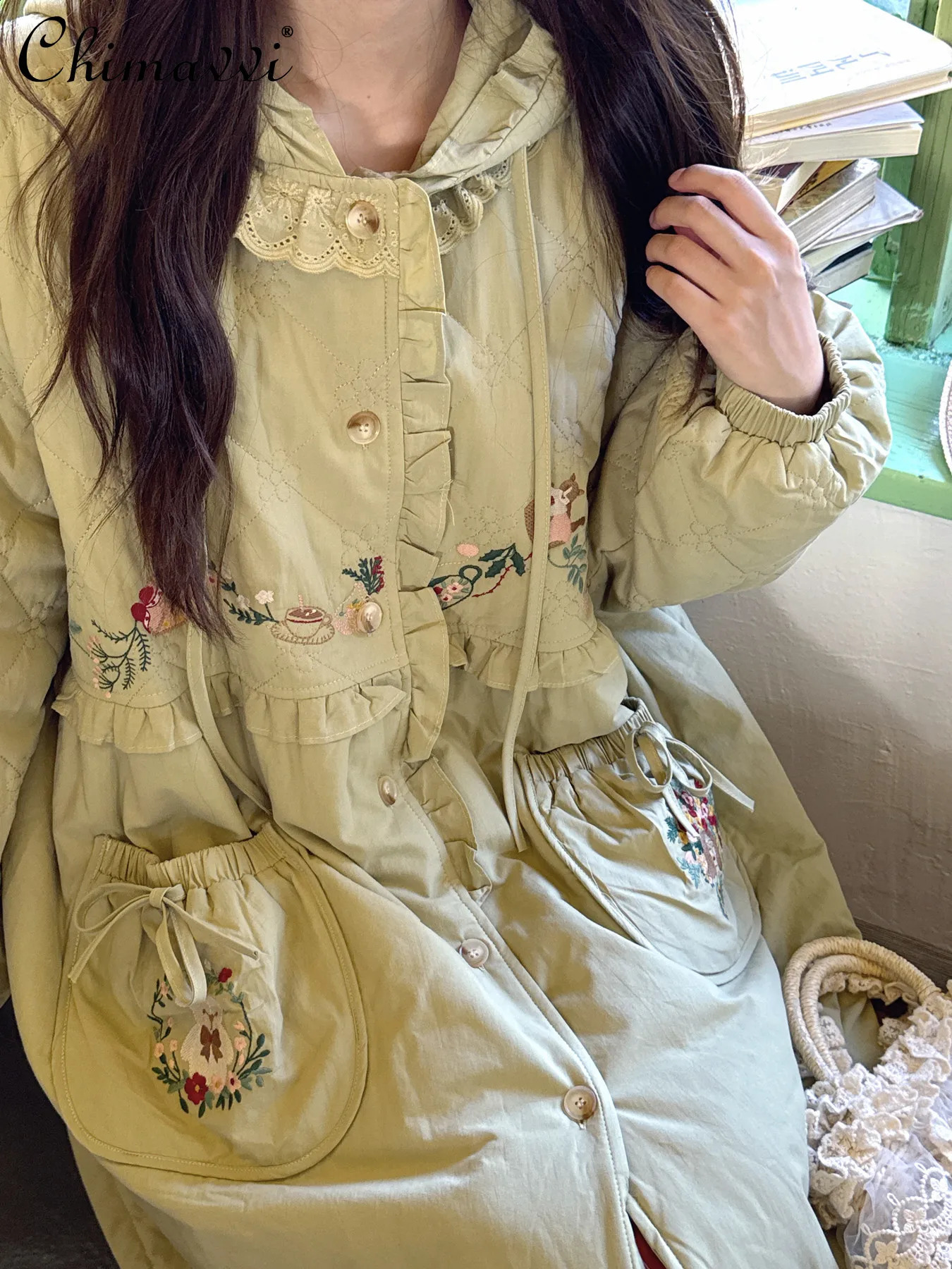 Forest Style Girl Fresh Green Embroidered Pocket MidLength Warm Coat Winter Fashion Sweet Loose Hooded Quilted Cotton Jacket 260915
