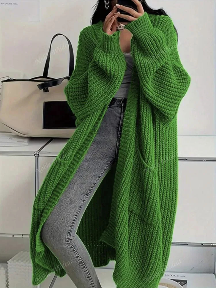 Woman's Long Knitted Casual Coat Autumn Winter Fashion Long Sleeves With Pocket Cardigan Sweater Ladies Comfort Warm Sweaters 260916