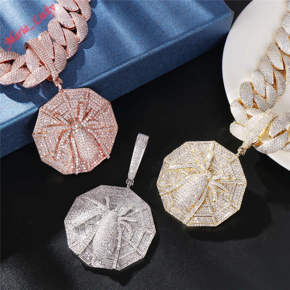 High Quality Hip Hop 3D Octagon Spider Web Iced Out Moissanite Pendant Bling Full Stone Unisex Necklace Copper Plated Statement Charm Matched With C