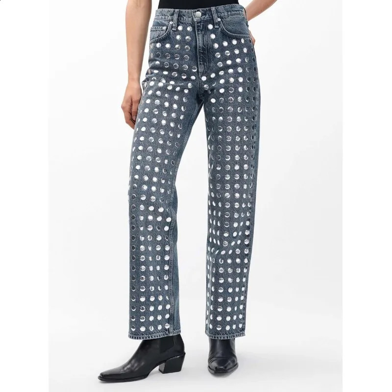 Womens Vintage Silver Sequin Decorated Straight Leg Jeans Loose Fit Retro Washed Denim Pants Casual Trousers 260916