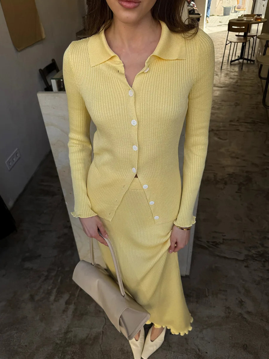 Wolfeel Autumn Winter Women's POLO Neck Long Sleeve Cardigan Skirt Set Ribbed Knit Button Front Elastic Casual Set 260916