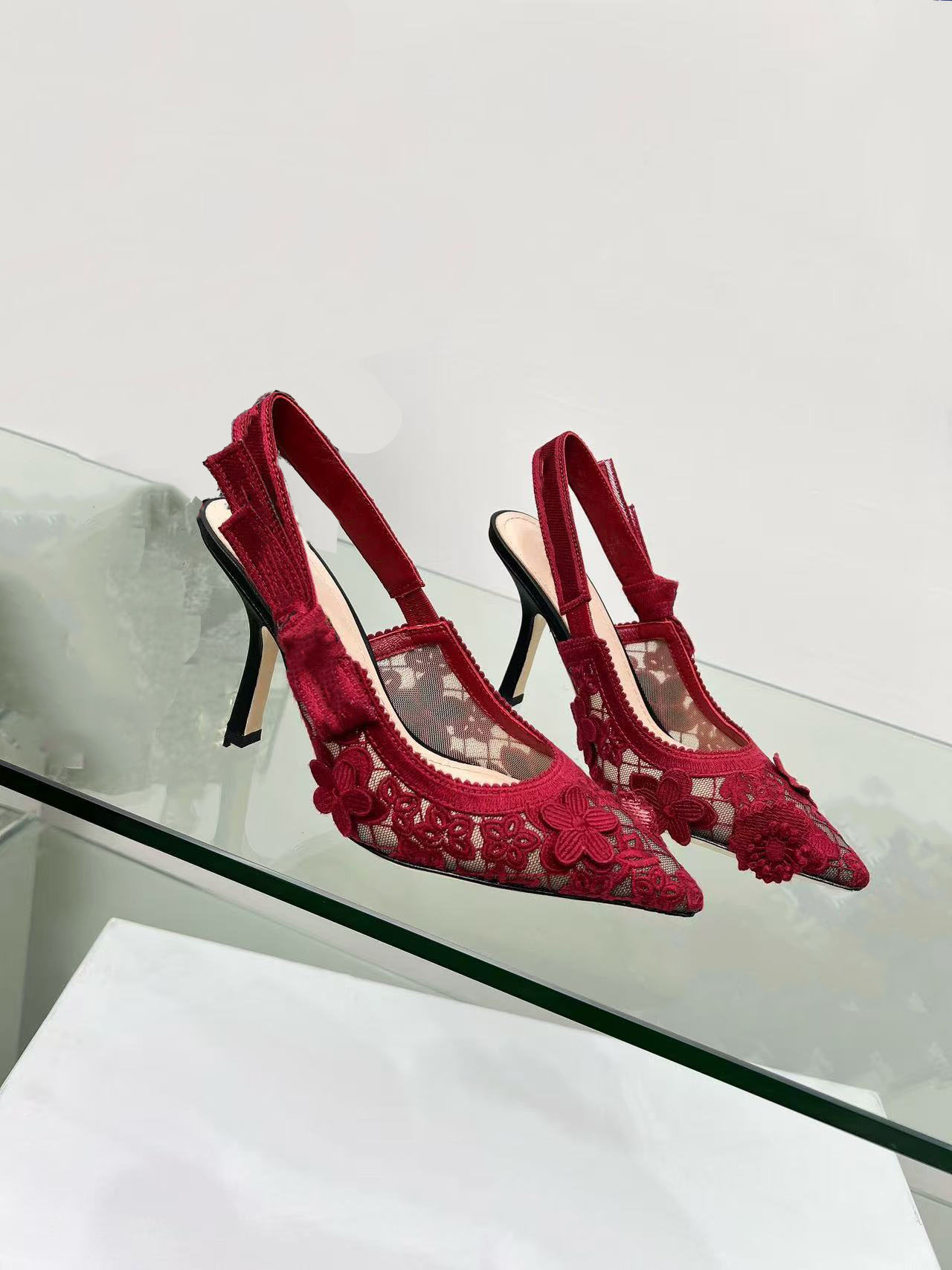 10A High-Quality Light Luxury Design Fashion Lace Flower Pointed Toe Backless High Heel Women's Shoes with Bow Strap Stiletto Sandals
