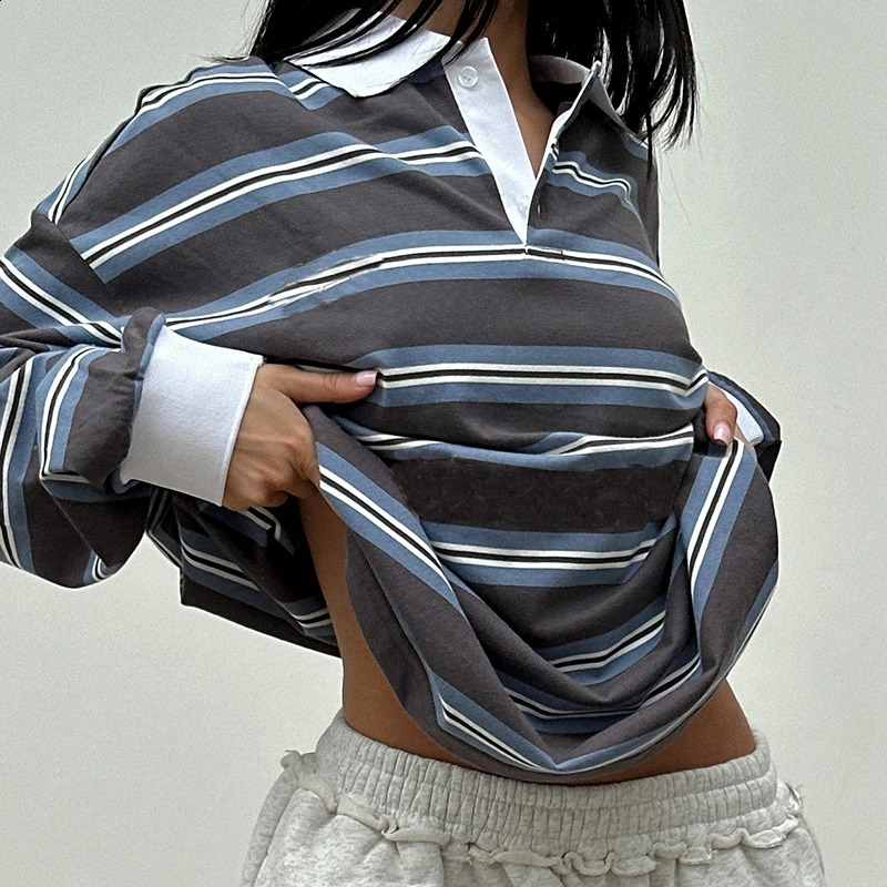 Women Autumn Loose Fit Baggy Tees Vintage Striped Pullovers Shirt Preppy 00s Aesthetic Long Sleeve TShirt Y2k Girl Streetwear 260916