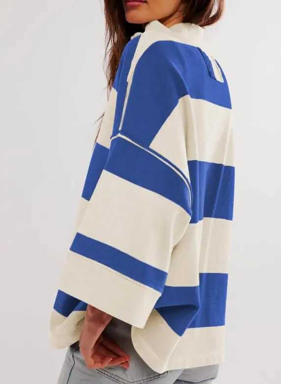 Women's Sweatshirts 2026 Spring Autumn New Striped Contrasting Half Zipper Design Stand Collar Long Sleeve Loose Pullover Top R260915