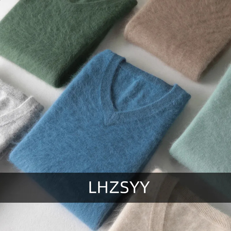 LHZSYY Men's 100% Mink Cashmere Large Size Sweaters Autumn Winter Solid V-neck Casual Knit Pullovers Men Long Sleeve Warm Jumper 260916