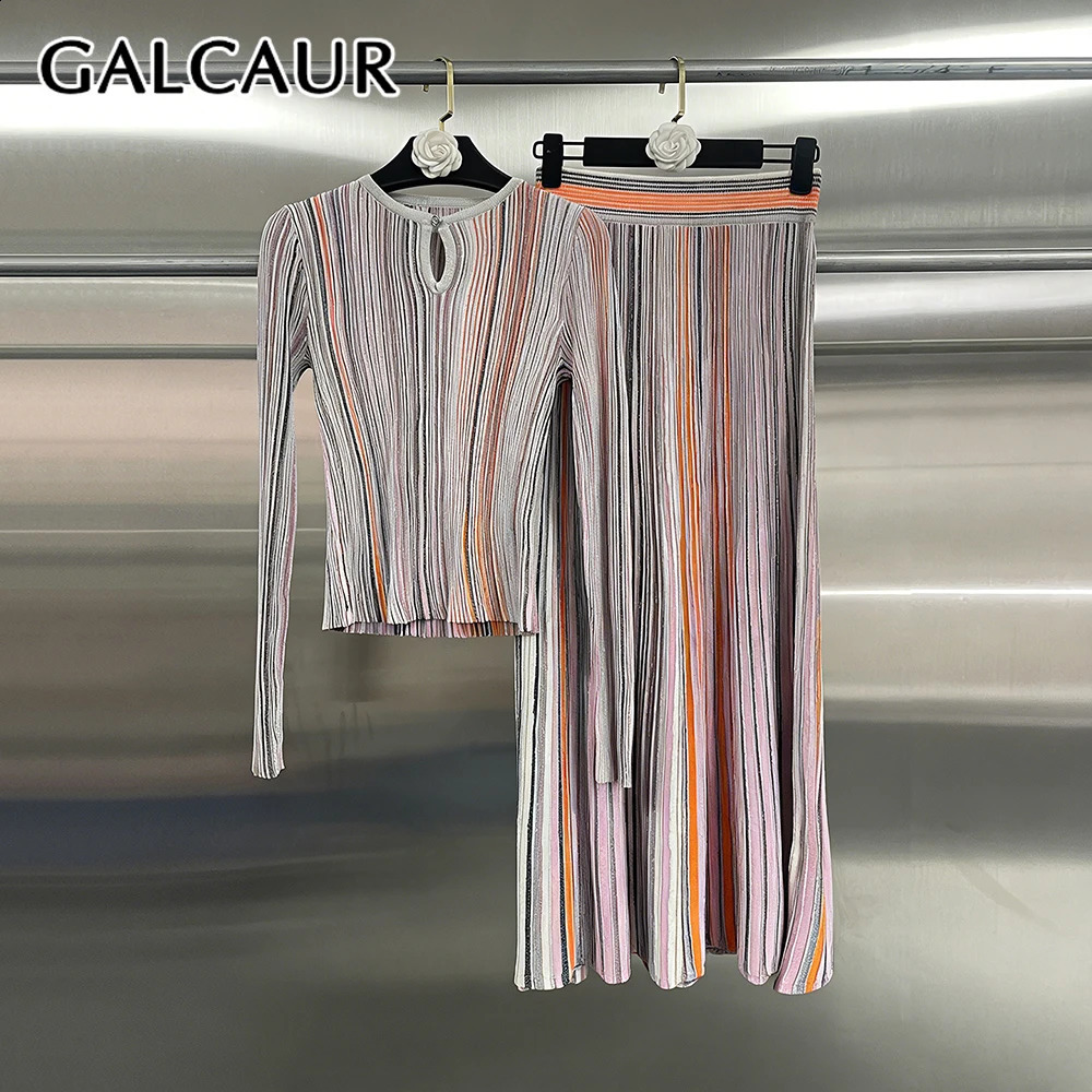 GALCAUR Hit Color Spliced Printing Two Piece Set Female O Neck Long Sleeve Top Vintage Streetwear Women's Skirt Sets Fashion 260916