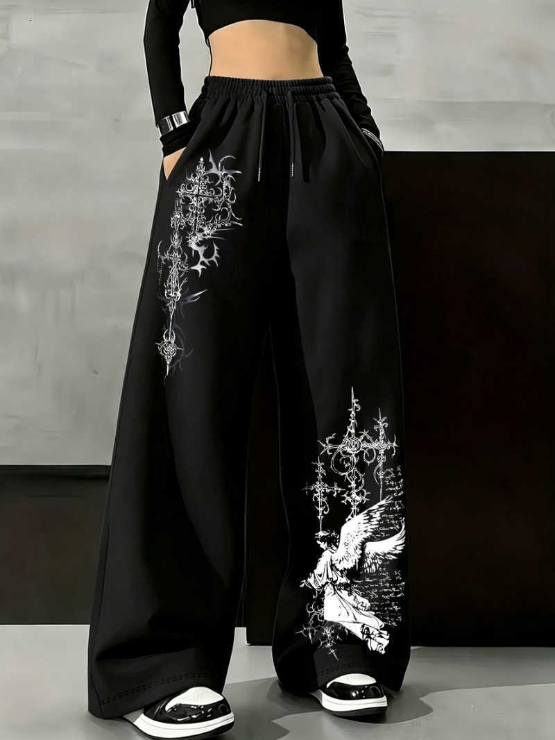 gothic Women's casual minimalist dark angel cross pattern retro-chic versatile y2k hip-hop women's loose trousers. D260916