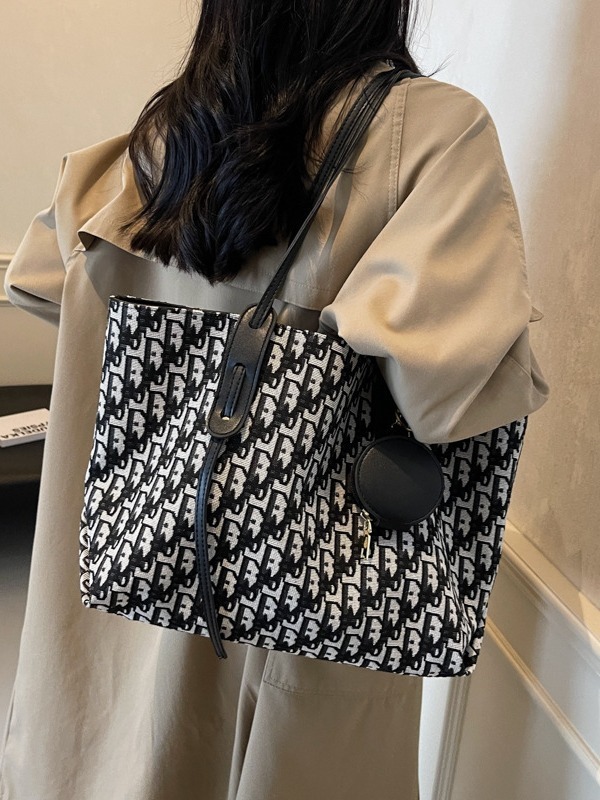 Women Large Capacity Geometric Jacquard Tote Bag PU Trim Shoulder Handbag with Detachable Round Coin Pouch for Work Daily Commute Andralyn