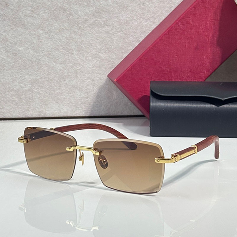 Designer Mens Frameless Square Sunglasses CT0514S Metal Mechanical Wood Grain Legs Brown Gradient Lenses Retro Travel Camping Style UV400 with box