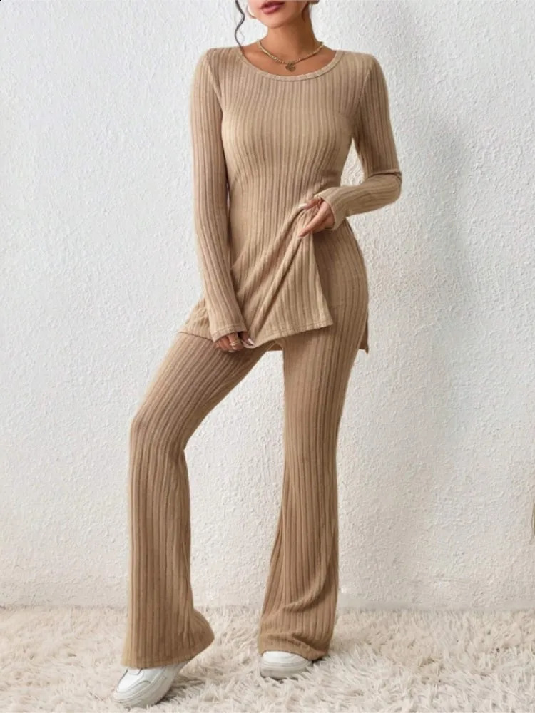 Fall Winter Knitted Pants Sets For Women Long Sleeve O Neck Tops Trousers 2 Piece Set Solid Comfortable Elegant Suit Female 260916