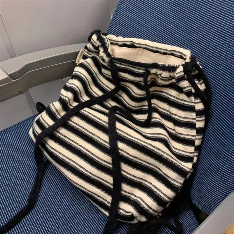Casual Leisure Striped Backpack Simple Color Contrast Drawstring Backpack Large Capacity White Black Shoulder Bag Girls 260915