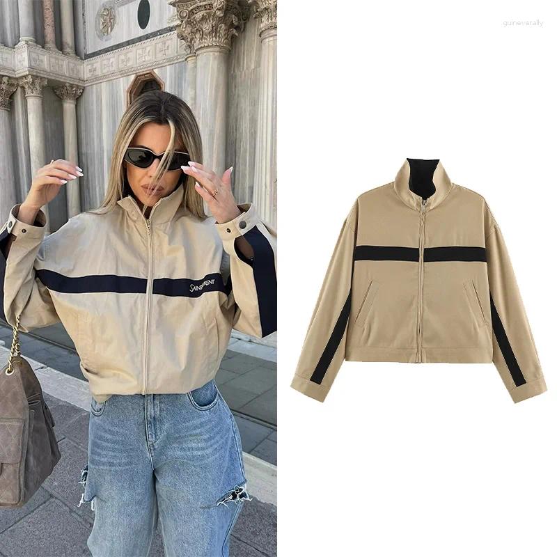 Women's Contrast Striped Jacket With Zipper 2026 Autumn Stand-Neck Long Sleeve Women Coats Simple Female Tops