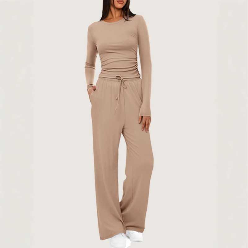 Loose Solid Casual Long-slved T-shirt Wide-leg Trousers Tracksuit Two Pieces Set Women's Fashion Pants Sets Sportswear Set S260916OAI3