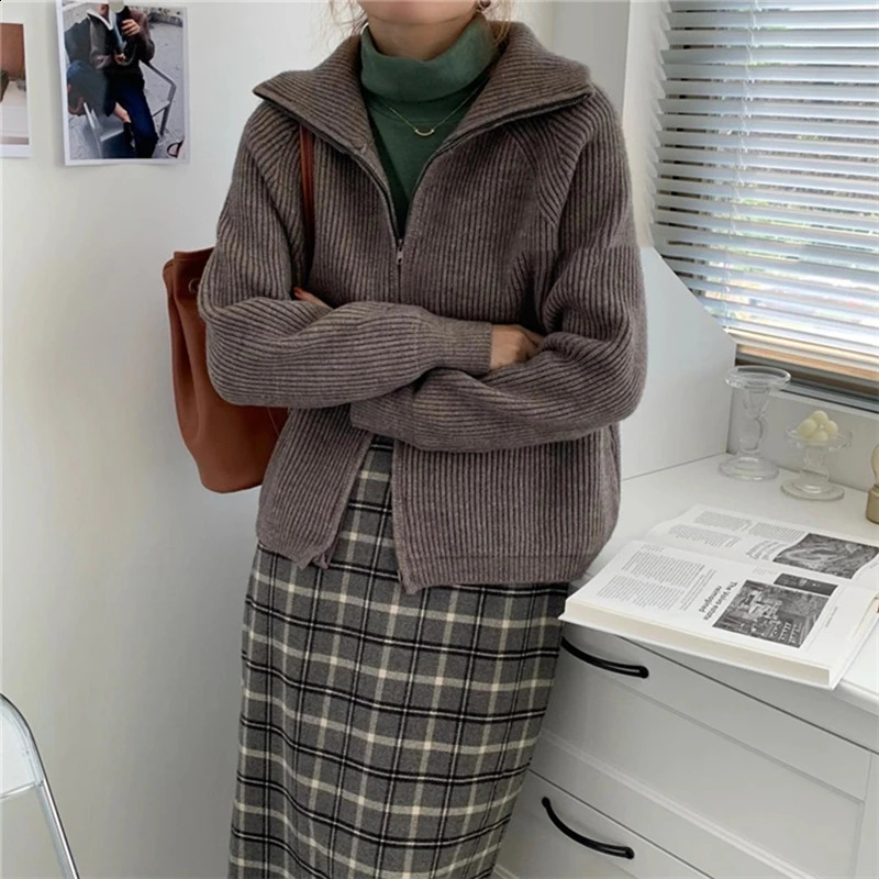 Women's Chic Open Cardigan Single Zipper Loose Knitted for Autumn Winter Korean Style Turn-down Collar Simple Solid 260916