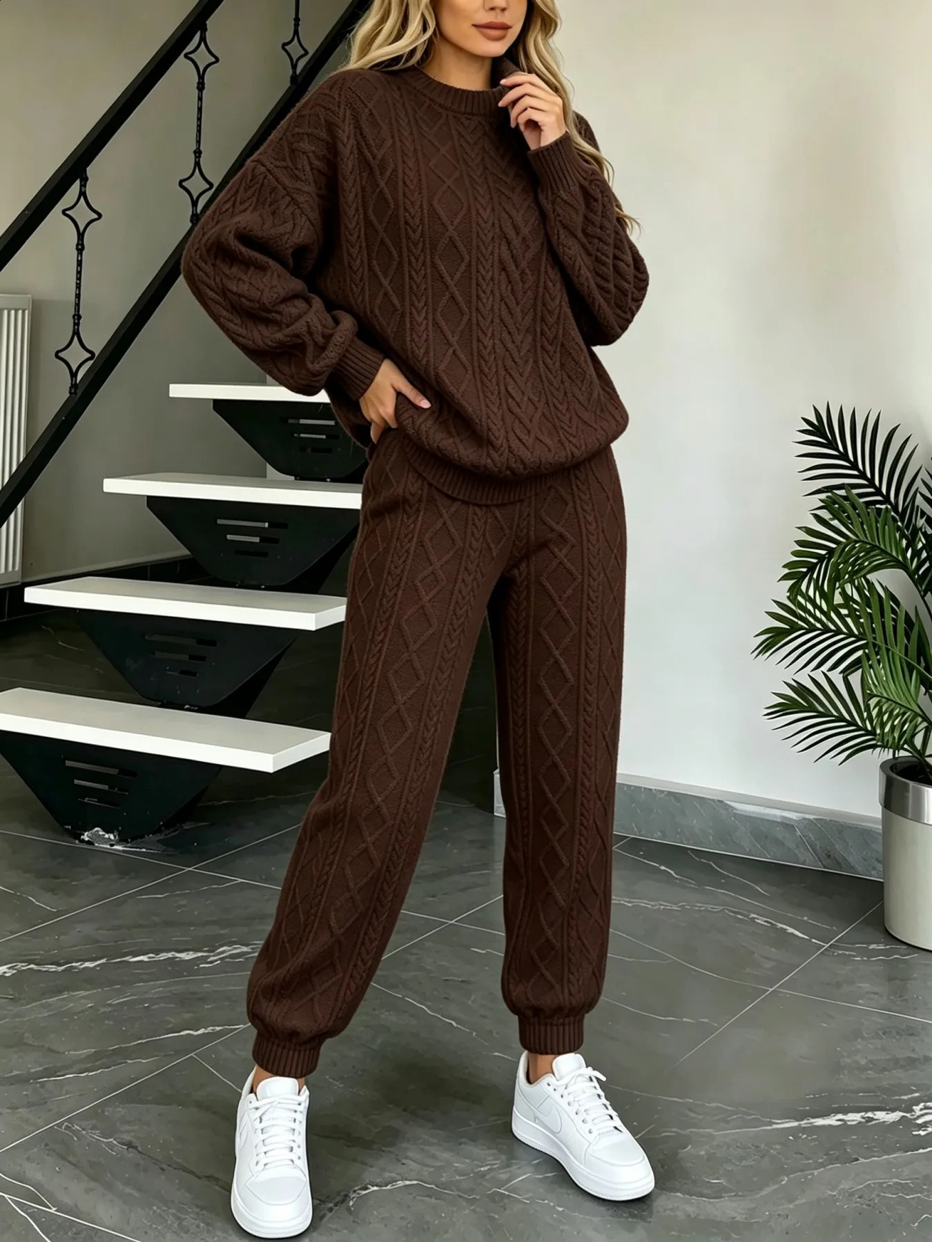 Women Cable Knit 2Piece Outfit ONeck Long Sleeve Sweater Tops Jogger Pants Set Loose Casual Loungewear Knitted Tracksuit For Daily Wear 260916