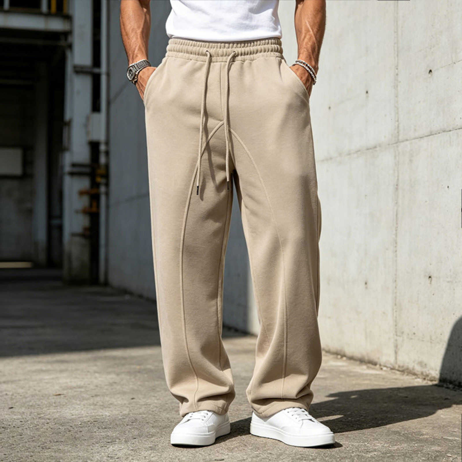 Long Sweatpants With Drawstring Men'S Elastic Waistband Three-Dimensional Line Loose And Wide Leg Pocket Design CalA Baggy D260916