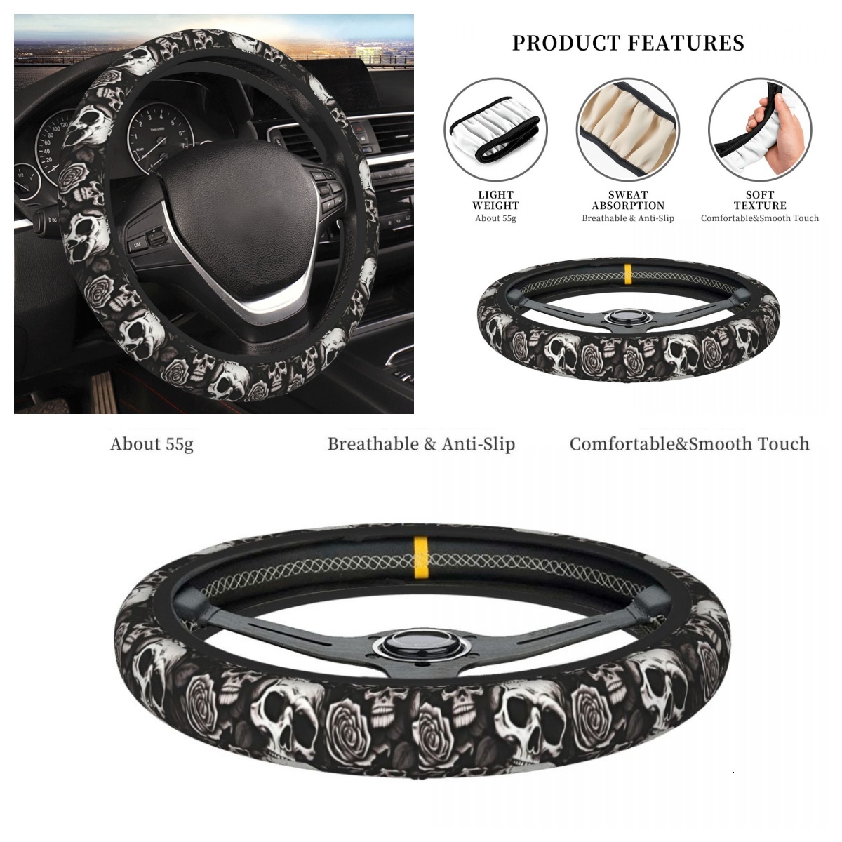 1Pc Car Cover No Inner Circle Skull Design Steering Wheel Protector Anti-Slip Automotive Universal