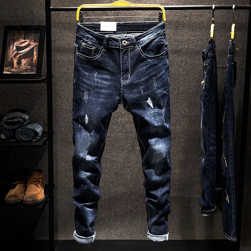 American Elastic Straight Jeans Men Ripped Worn-out Slim-fit Cotton Denim Pants Korean Style Fashion Blue Black Men's Clothing 260916