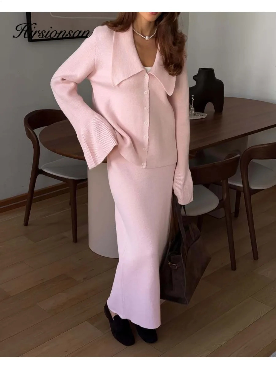 Hirsionsan Sexy Soft Elegant Vintage Women Suits 2 Pieces Female Sets Polo Neck Cardigan Sweater Midi Dress Knitted TrackSuit 260916