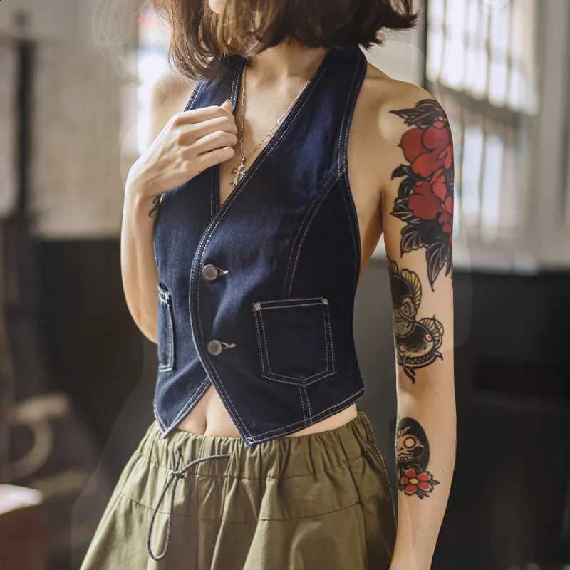 Denim Maden Heavyweight Women's Vintage Vest V-Neck Sleeveless Strapless Blue Tank Tops Y2K Backless Sexy Summer Layering PieceW260915