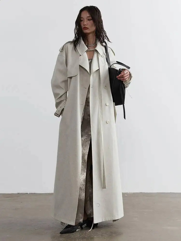 Big Women Size Beige Long Bandage Casual Trench Lapel Long Sleeve Windbreaker Fashion Spring Autumn 2026 1DH9AW 260916