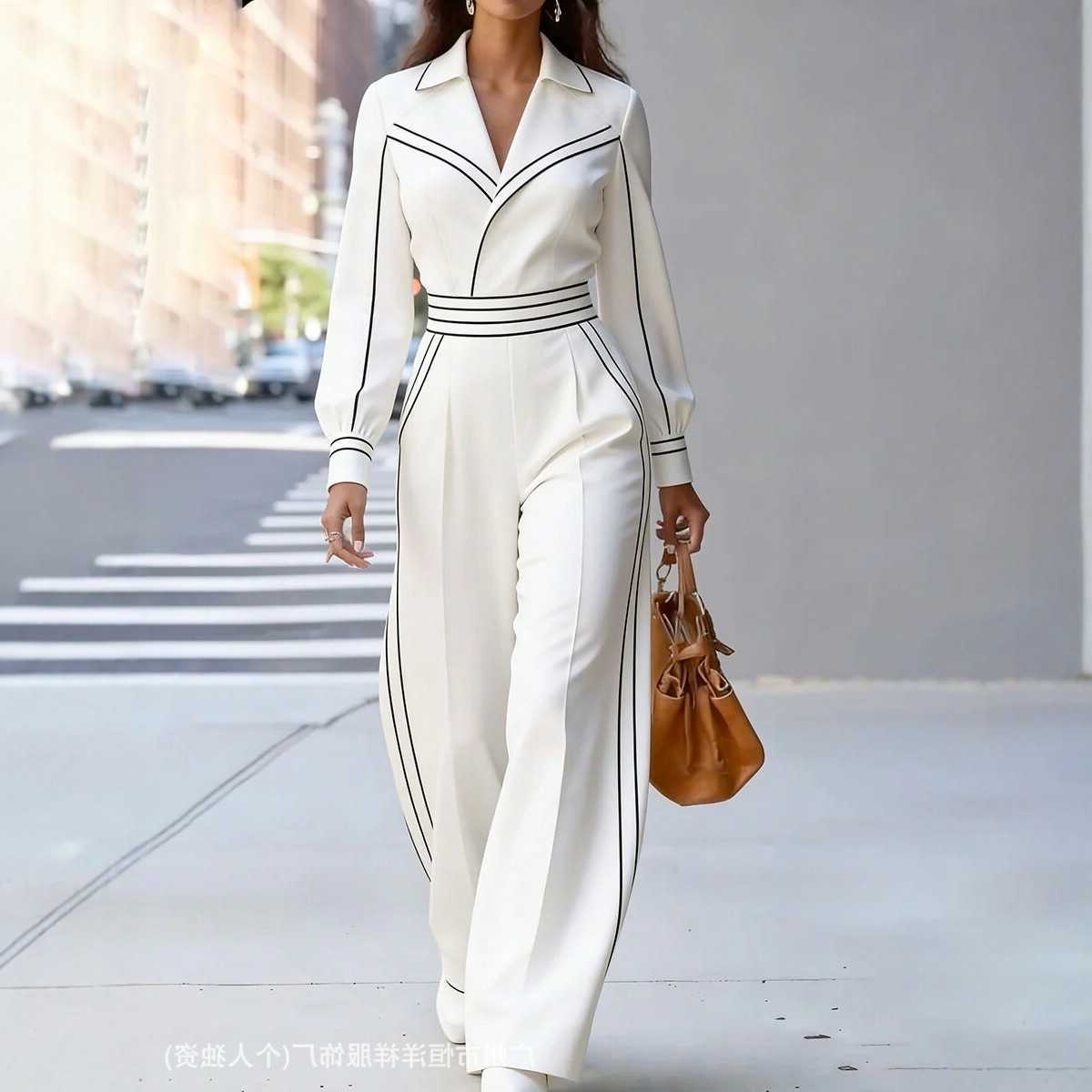fashionable Women's formal white long slved striped border lapel jumpsuit with waist cinching and slimming style casual pants S260916806O