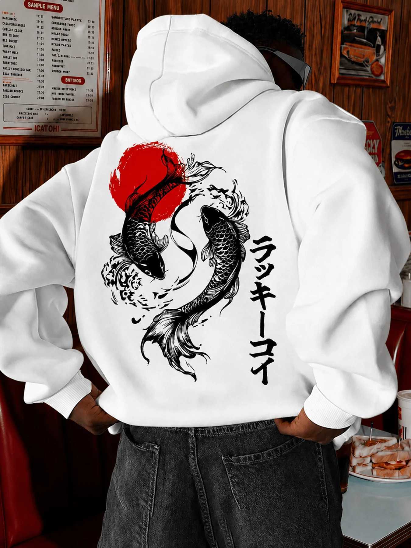 koi New men's Japanese fish symmetrical pattern pullover hoodie for light autumn and winter material street style D2609151