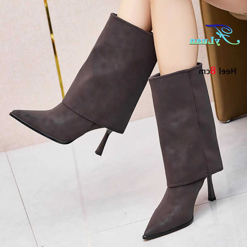 Turned Over Edge Boots For Women fashion Pointed Toe 2025 New Winter Female Shoes 8CM Thin Heel Mid-calf Boots De Mujer D260916