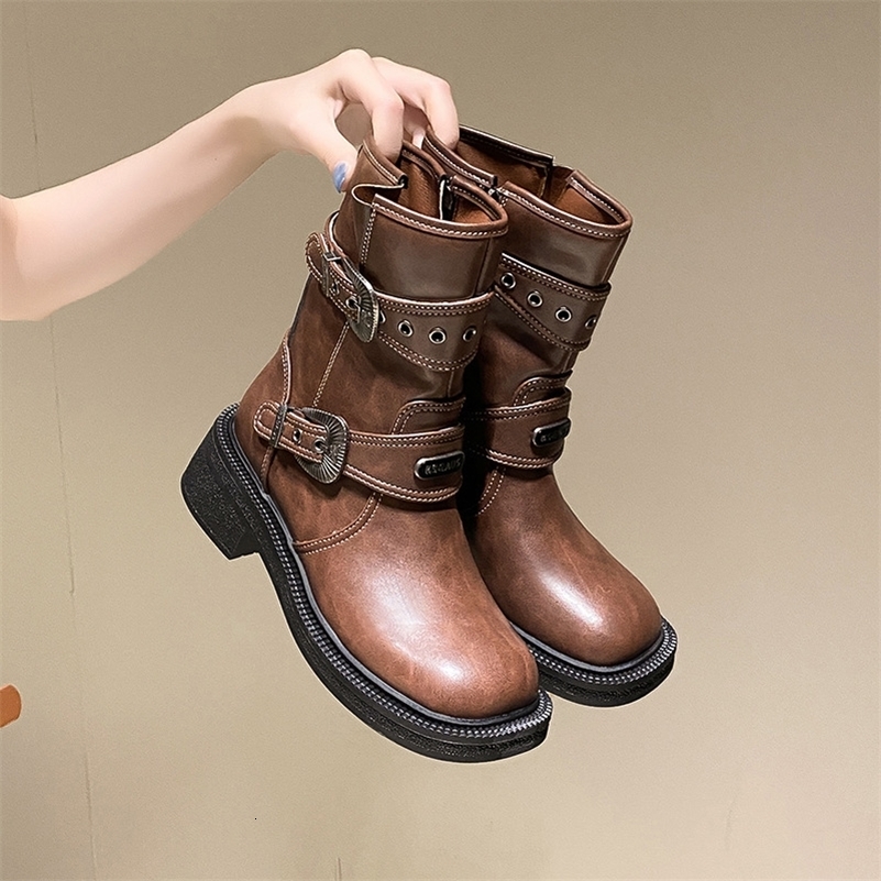 Vintage Buckle Detor Boots for Women Spring Autumn Zipper Up Platform Boots Woman Fashion Black Brown Pu Female 260915