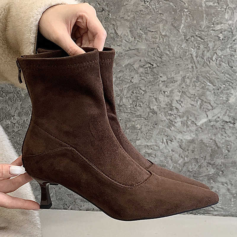 Faux Aneikeh Women Suede Brown Sock Ankle Boots Pointed Toe Stiletto Heel Back Zipper Slim Fit Autumn Winter Footwear D260916
