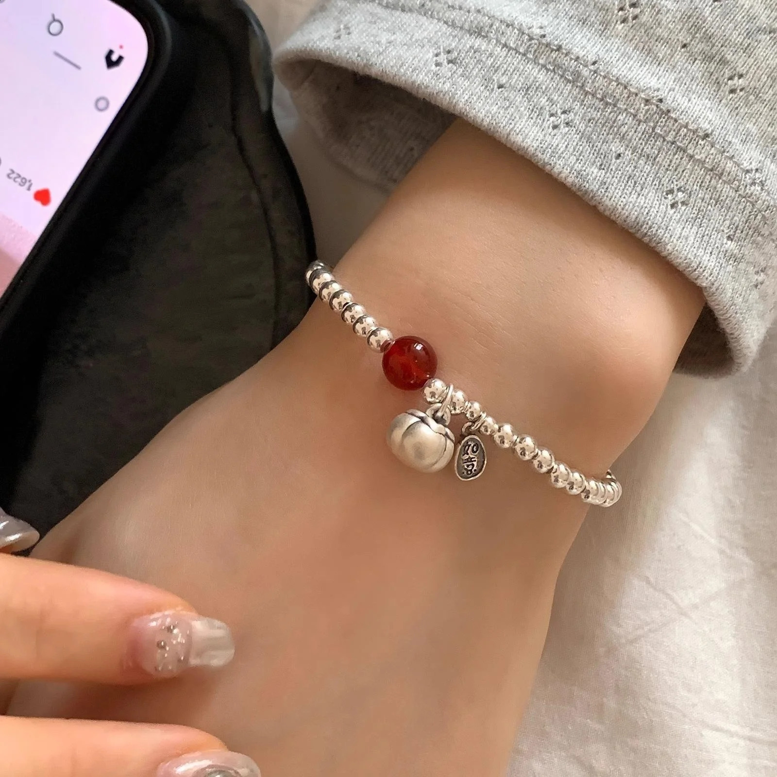 925 Sterling Silver Bracelet Red Persimmon Beaded Elastic Lucky Good For Woman Girl Fashion Jewelry Gift Dropship Wholesale 260916