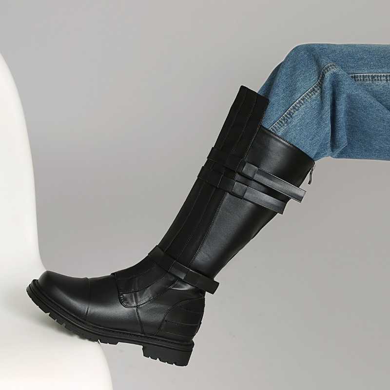 Black PU Round Toe Women's Platform Mid Calf Motorcycle Boots with Multi Strap s Back Zipper fashion Riding Boots D260916