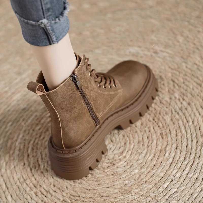 leather made of Short boots with increased height and thick sole for women's singles New British style motorcycle boots D260916