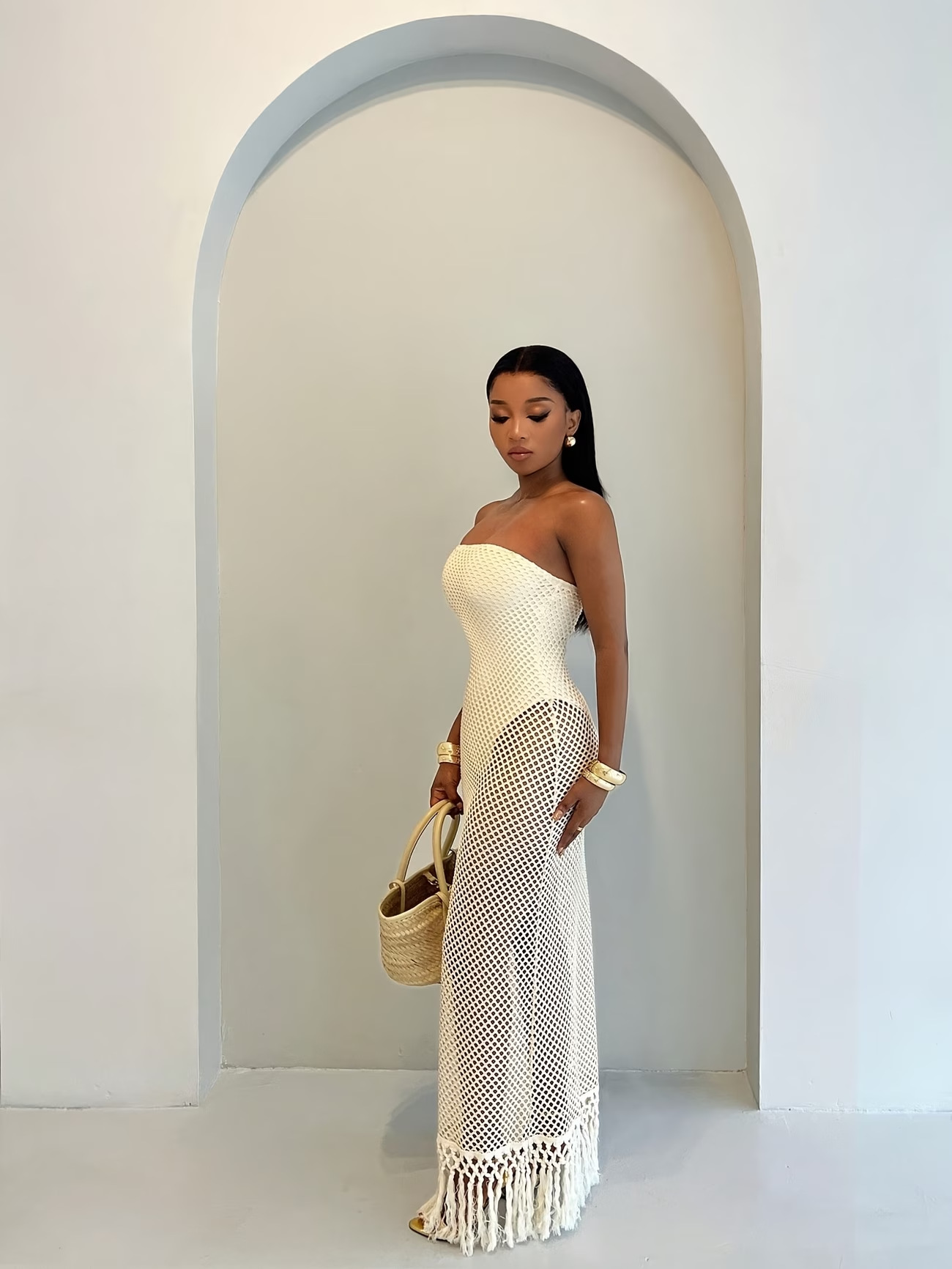Robe longue de styliste en maille transparente, sans bretelles, en Crochet, transparente, à franges, moulante, Tube, robe de plage