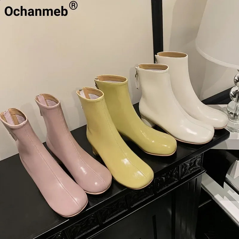 Ochanmeb Women Genuine Leather Boots Solid Pink Round Medium Heels Ankle Ladies Lemon Yellow Toe Zipper Shoes Winter 260917