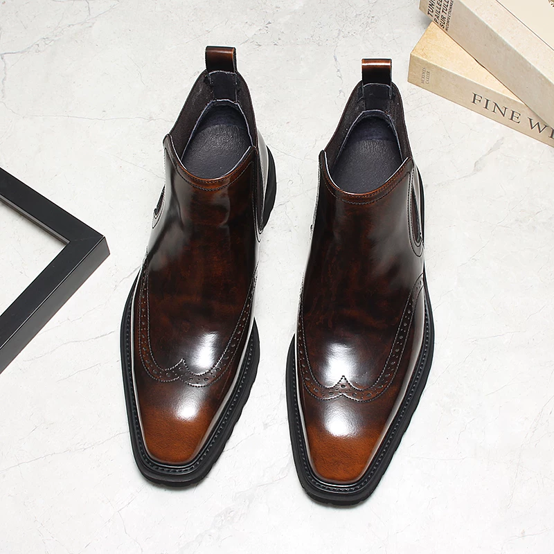 Genuine bright leather British retro, square toe Chelsea boots for men, business formal short boots, large size